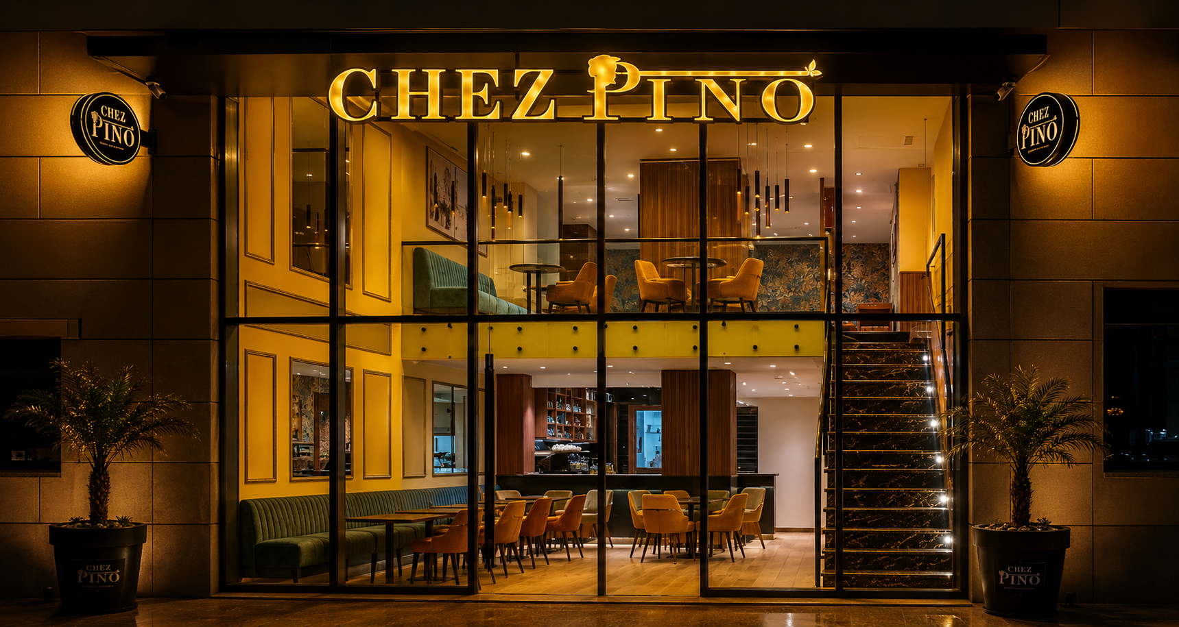 Devanture de Chez Pino illuminée en jaune, la nuit, à Rabat